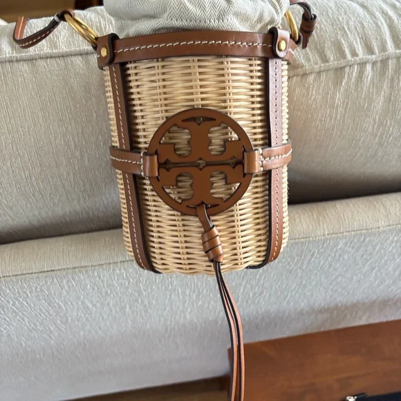 Tory Burch Natural Wicker Crossbody with Tan Leather Trim and Gold Hardware - Picture 1 of 7